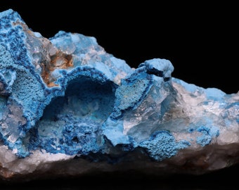 Calcite and Malachite on Shattuckite, Tantara Mine, Congo