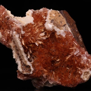 May include: A cluster of orange and white crystals with a rough, natural texture. The crystals are arranged in a cluster, with some of the crystals pointing upwards. The crystals are set against a black background.