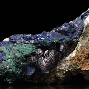 Azurite on Olivenite with Malachite, Tsumeb Mine, Namibia
