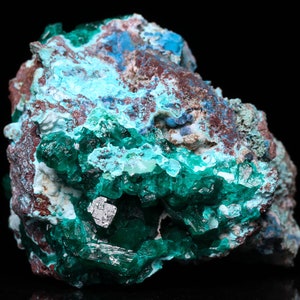 Dioptase, Plancheite, Azurite and Calcite, Tantara Mine, Congo