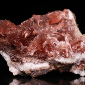 May include: A cluster of reddish-brown crystals with a white mineral base. The crystals are sharp and have a fibrous texture.