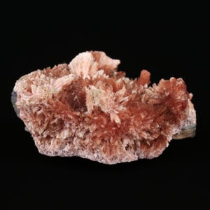 Pode incluir: Uma amostra mineral com um aglomerado de cristais rosa-avermelhados em forma de agulha. Os cristais são densamente compactados, criando uma aparência texturizada e pontiaguda. O fundo é preto sólido, destacando a cor e a forma do mineral.