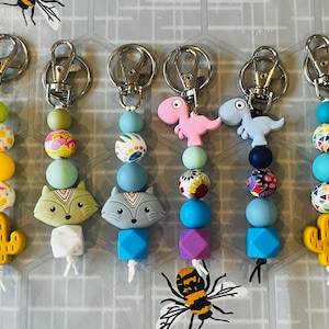 FOX DINOSAUR CACTUS rainbow keyrings, Silicone bead keyring, Bag keyring, animal keyring, keyring for kids