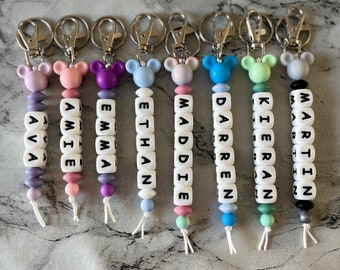 PERSONALISED NAME KEYRING, Beaded keyring, Bag keyring, Book bag keyring, silicone beads, name tag