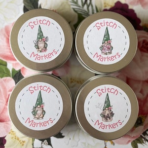 SPRING GARDEN GONK, gnome storage tin for stitch markers/ keyrings for crochet & knitting