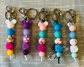 DISNEY INSPIRED MOUSE rainbow/pattern print keyring Silicone bead keyring, Bag keyring, kids keyring, teacher gift