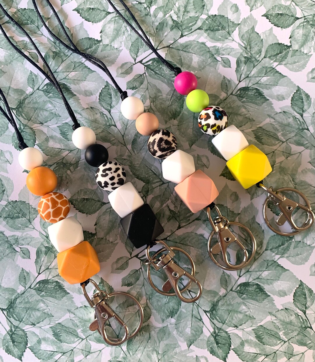 ANIMAL PRINT LANYARD, Teacher Lanyard, Silicone Bead, Beaded Lanyard