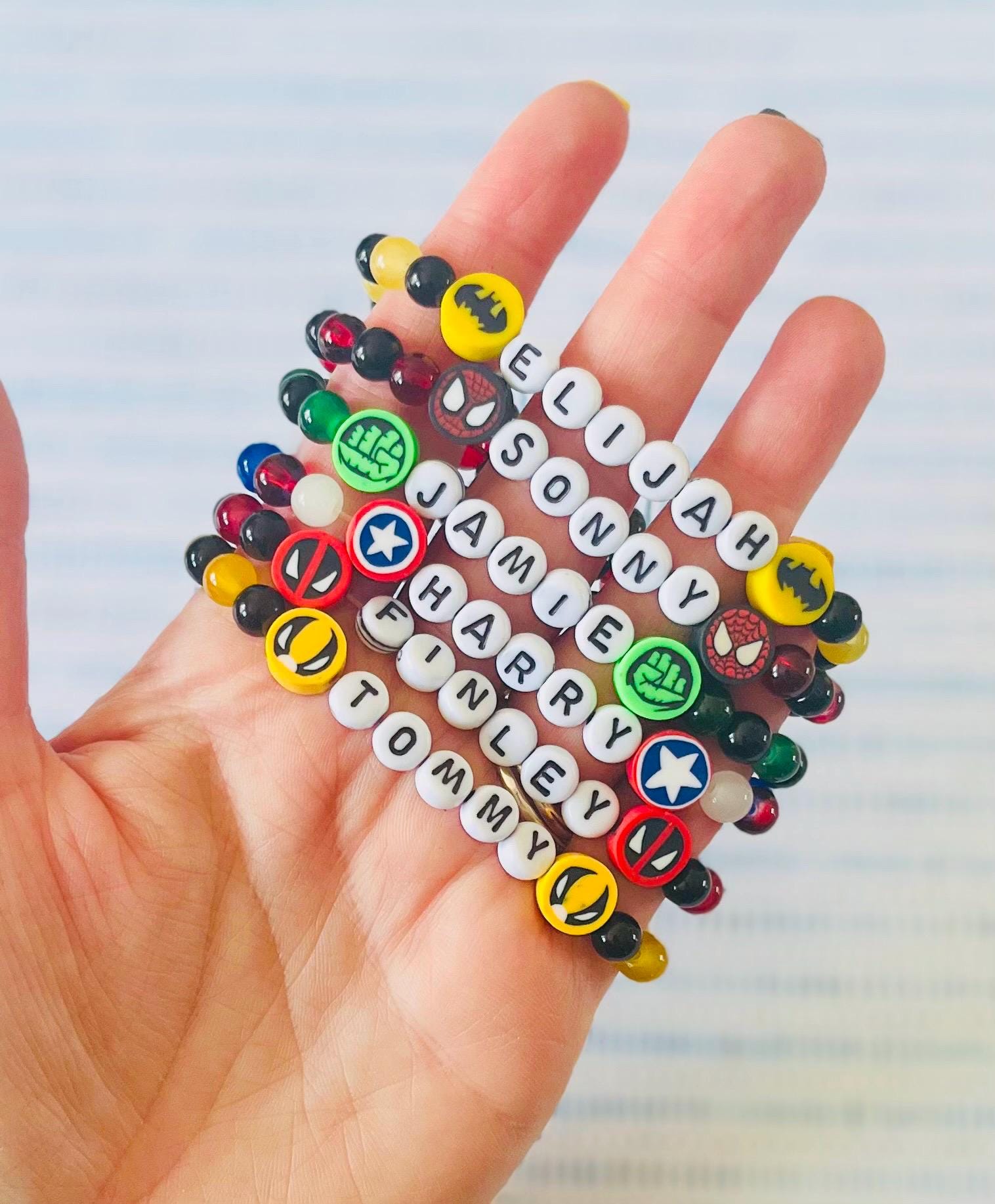 PERSONALISED KIDS BRACELETS, superhero beaded bracelets for children, party bag gift