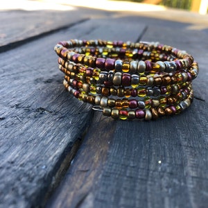 Bronze, silver, copper and cranberry  seed bead glass wire wrap bracelet