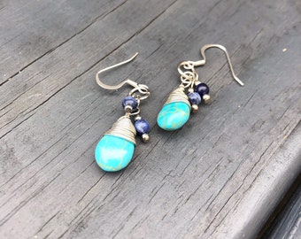 Turquoise tear drop silver wire wrap bead w/ mini navy blue bead earrings