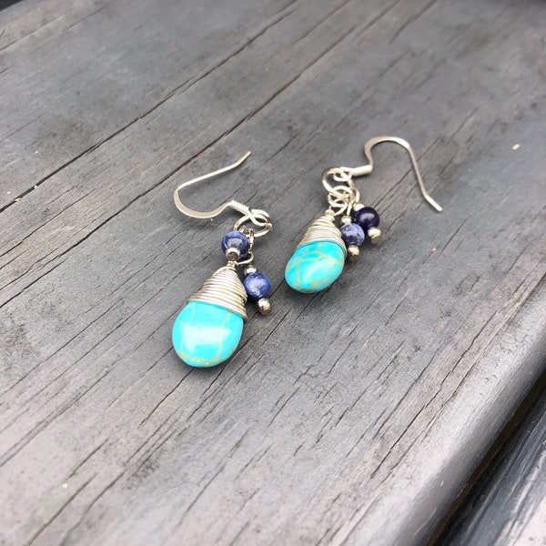Turquoise tear drop silver wire wrap bead w/ mini navy blue bead earrings
