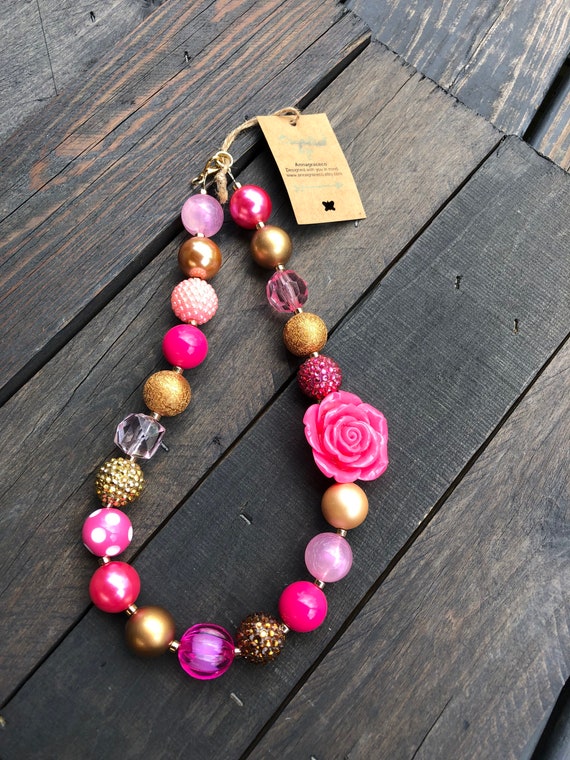 21 20mm Bubblegum Necklace Barbie Inspired Hot Pink and Gold Beads