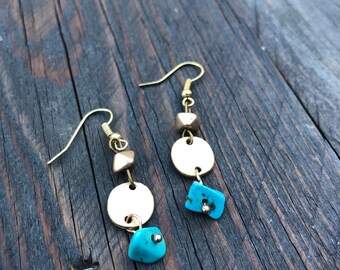 Gold round disc with turquoise stone dangle