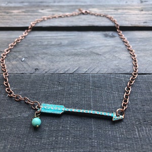 18&quot;-23&quot; adjustable copper chain style necklace with turquoise arrow and turquoise bead dangle