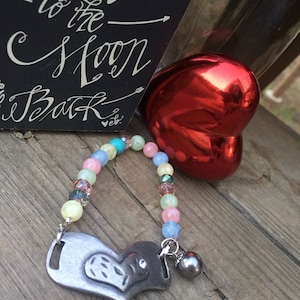 Valentine Beaded Stretch Bracelet: Silver Heart Charm, Gray Pearl Dangle