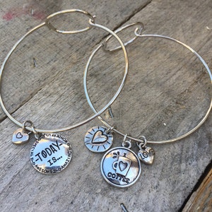 Silver bangle bracelet with today is and coffee charm