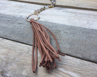 Pearl Beaded Necklace with Gold Chain & Leather Tassel