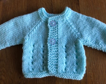 Premature Baby Cardigan for 3-4lb baby. In mint with 2 blue buttons.