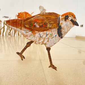 Tarambola de papelão artesanal nº 1 | Arte em papelão reciclado | Arte de parede de pássaros | Escultura de tarambola-de-coleira-interrompida | Aquarela de animais | Arte de parede de tarambola-de-coleira-interrompida |