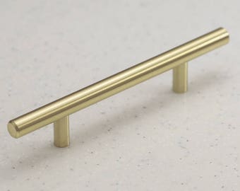 Satin Brass Cabinet Hardware Euro Style Bar Handle Pull - 96mm (3-3/4") Hole Centers, 6-3/4"" Overall Length - Modern Gold