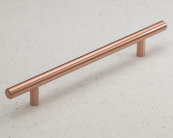 Satin Copper Cabinet Hardware Euro Style Bar Handle Pull - 6" Hole Centers, 8-3/4" Overall Length