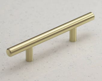 Satin Brass Cabinet Hardware Euro Style Bar Handle Pull - 3" Hole Centers, 5-3/4"" Overall Length - Modern Gold