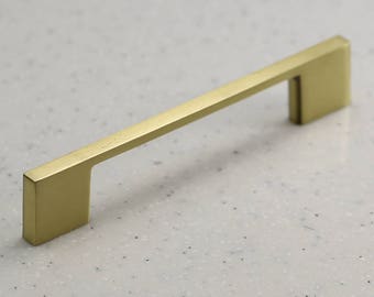 Satin Brass Cabinet Hardware Modern Pull Handle 96mm Center 5-1/4" overall Length Gold Brushed