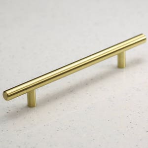 Satin Brass Cabinet Hardware Euro Style Bar Handle Pull - 6" Hole Centers, 8-3/4"" Overall Length - Modern Gold