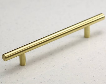 Satin Brass Cabinet Hardware Euro Style Bar Handle Pull - 6" Hole Centers, 8-3/4"" Overall Length - Modern Gold