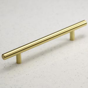 Satin Brass Cabinet Hardware Euro Style Bar Handle Pull - 128mm (5") Hole Centers, 7-3/4"" Overall Length - Modern Gold