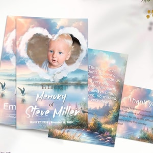 May include: A funeral program template with a photo of a baby boy in a heart-shaped cloud. The program has a blue and pink watercolor background with a lake and birds. The text reads "In Loving Memory of Steve Miller, March 22, 2014 - November 10, 2018".