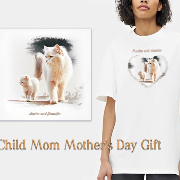 Cute Mom Cat and Kitten, Custom picture Mama's name With Kid Name, Child Mom Mother's Day Gift, Kids room decor, Cat and Kitten Clipart Png