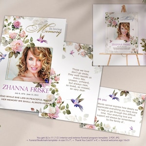 Editable Funeral Bundle Pink White Roses | Memorial Package | In Loving Memory | Funeral Templates Bundle | Pink White Roses Funeral Set