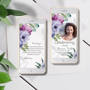 Annonce de décès numérique avec fleurs bleues, invitation e-vite, nécrologie numérique, modèle d'annonce de décès Fleurs bleues, funérailles
