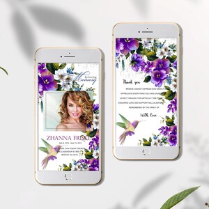 Modèle de programme funéraire numérique Fleurs violettes pour femmes, Nécrologie fleurs colorées, Célébration numérique de la vie, Smartphone, Iphone, perte
