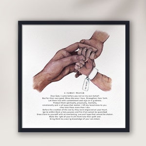 Afrikanisches Amerikanisches Wandbild, Familiengebet für schwarzes Afroamerikanisches Paar Ehemann Frau und Baby, Bibelbild, Bibeldekoration für Zuhause