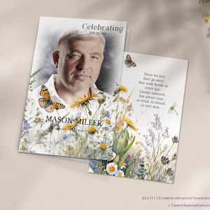 Programme de funérailles de célébration de la vie, modèle de programme de funérailles de fleurs sauvages pour hommes, programme commémoratif de fleurs des champs, modifiable à la douce mémoire
