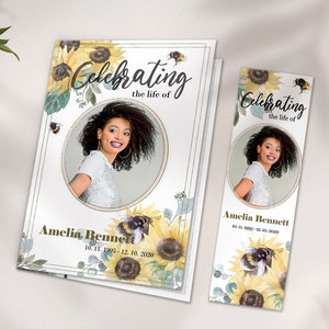 Modèle de programme funéraire Gold Sunflowers pour femmes, Annonce funéraire, Fleurs jaunes, En mémoire aimante, Invitation à la célébration de la vie