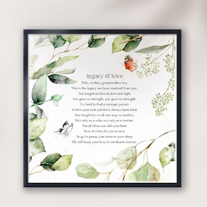 Funeral poem Legacy of love, poem about wife and mother,  loss of mom, loss of grandma, bereavement poem, memorial poem, sympathy gift