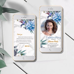Blue Flowers et Hummingbird digital, Annonce de décès avec fleurs bleues, invitation e-vent, Modèle funéraire Hummingbird, Forget Me Not