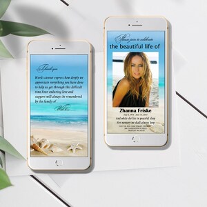 Programme funéraire de Los Angeles EditableModèle, annonce de décès numérique, Océan, Plage, Mer, Célébration de la vie, programme numérique smartphone