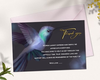 Hummingbird Funeral Thank You card, Classic Thank you sympathy memorial card, Colibri funeral acknowledgement card, funeral thank you notes
