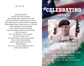 military obituary program,  Funeral Card Military,  American Marine funeral program template, US Navy Veteran funeral programe template,