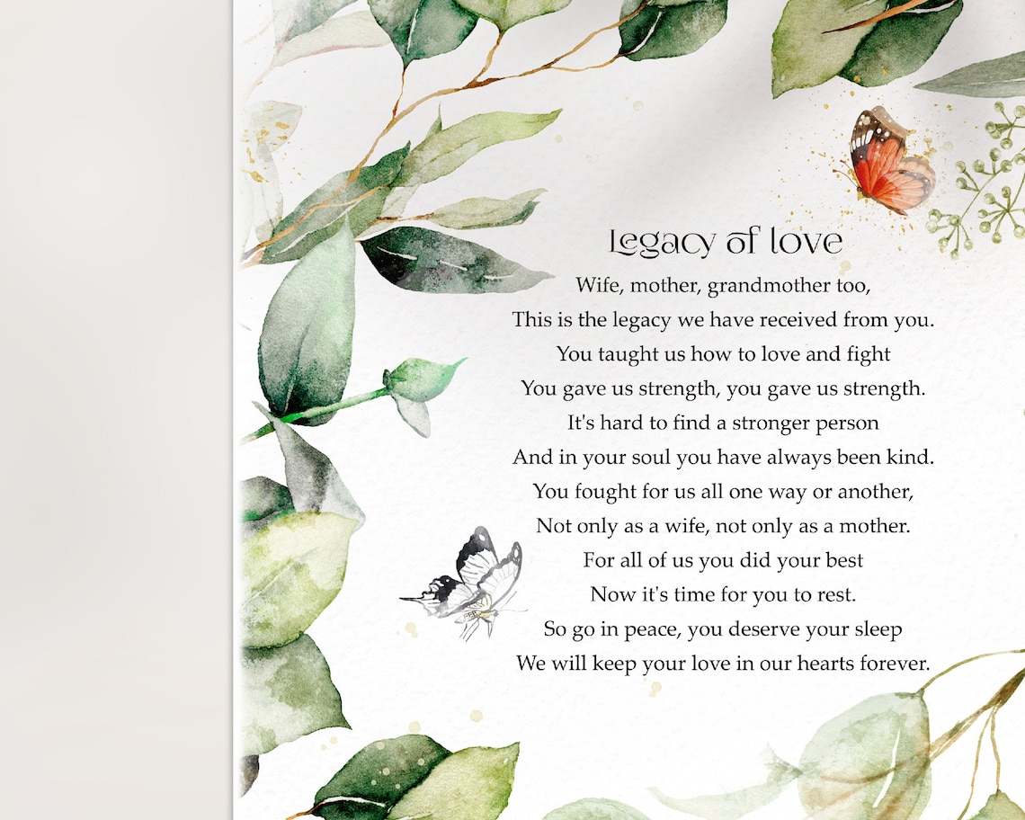 Funeral Poem Legacy of Love, Poem About Wife and Mother, Loss of Mom