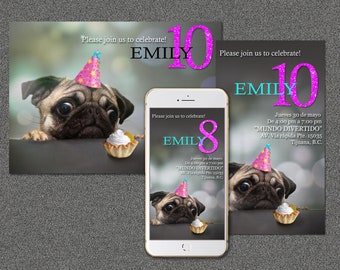Birthday Invitation, Printable Girl Invitations 10th-8th-7th-5th  Birthday Invites, smartphone phone sms, Pug Puppy Party card Electronic