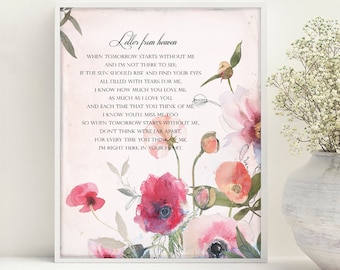 When tomorrow starts without me, Memorial poem for deceased, Letter From Heaven, In Loving Memory Print, loss mother,  Beautiful memories