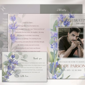 Modèle de programme de funérailles Fleurs bleues pour jeune homme, programme de funérailles classique pour hommes, programme de célébration de la vie, carte de condoléances, souvenir