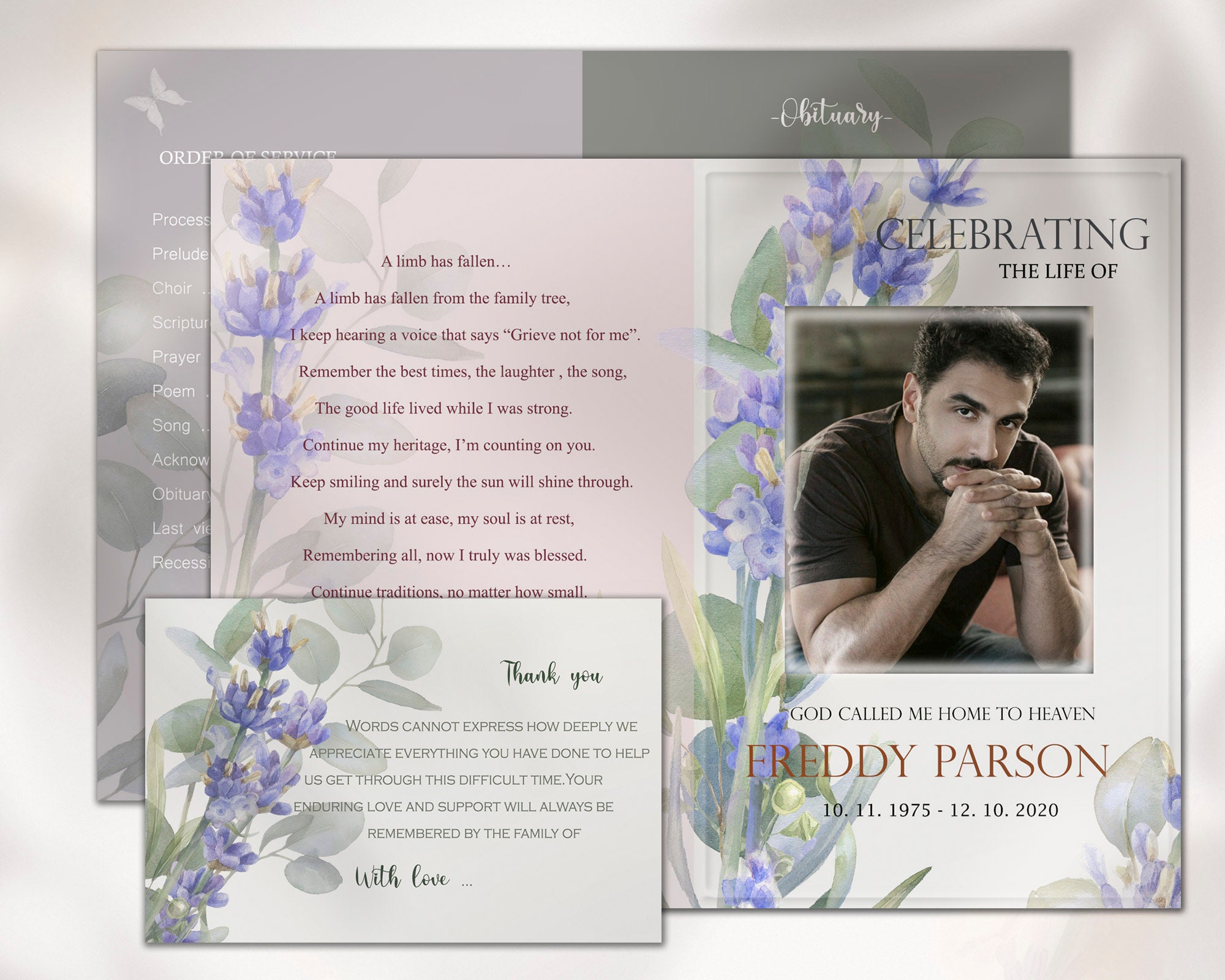 Blue Flowers funeral program template for young man Classic Etsy