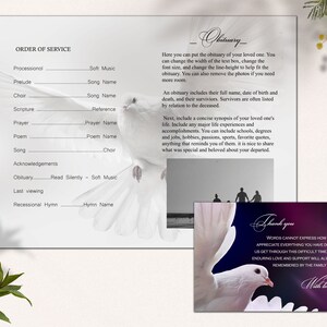 Funeral program template for young woman, Dove, modern memorial program, funeral program for young girl with dove, forever in our hearts image 6