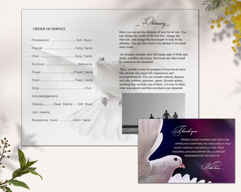 Funeral program template for young woman, Dove, modern memorial program, funeral program for young girl with dove, forever in our hearts image 6